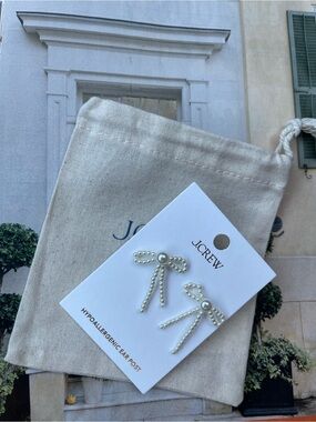 J. Crew Cream Beaded Ribbon Earrings Pearl Bow Drop Earrings